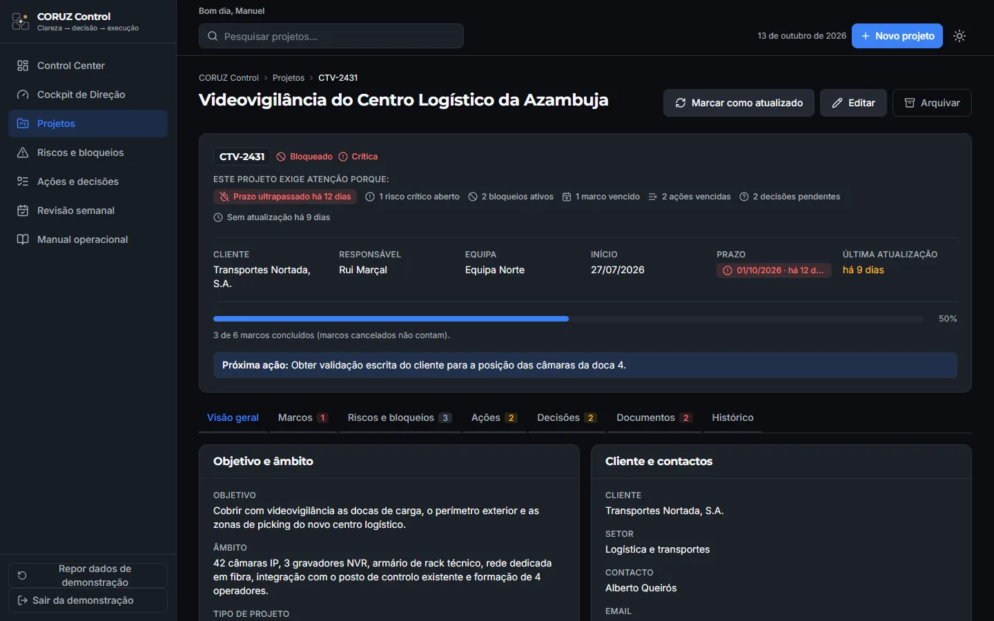 Ecrã de um projeto no CORUZ Control, com dados fictícios